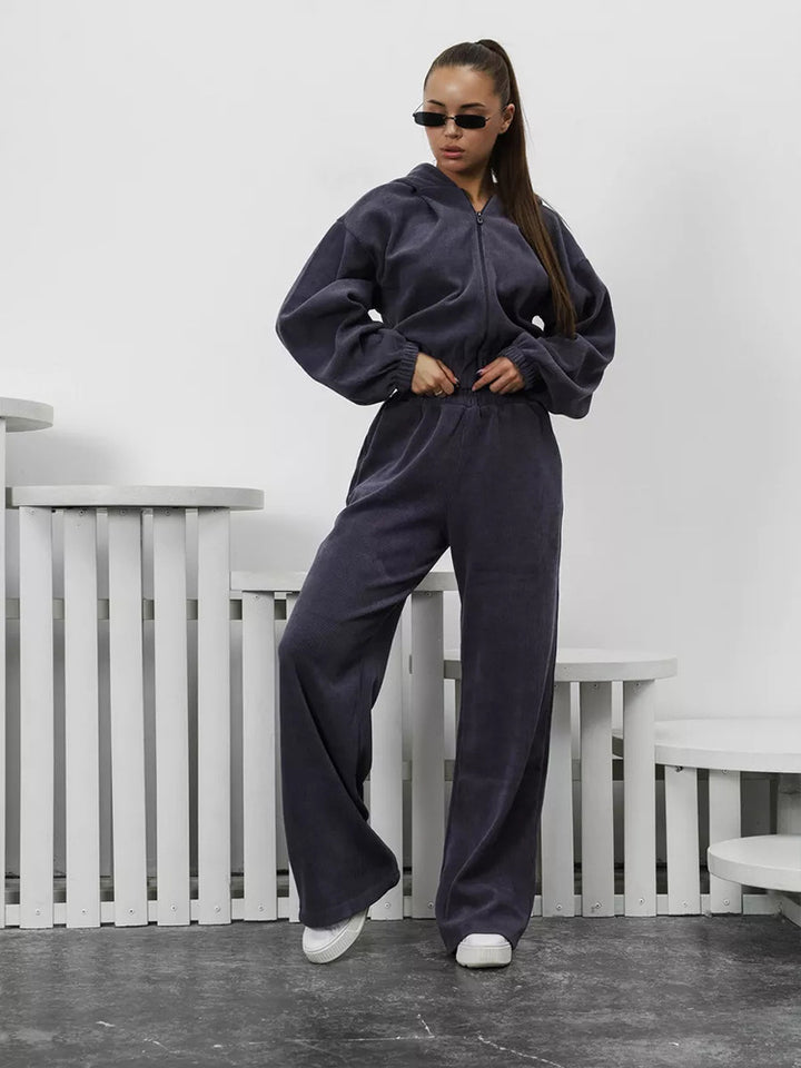 Damen Fleece Sportanzug mit Kapuze und weitem Schnitt Drune