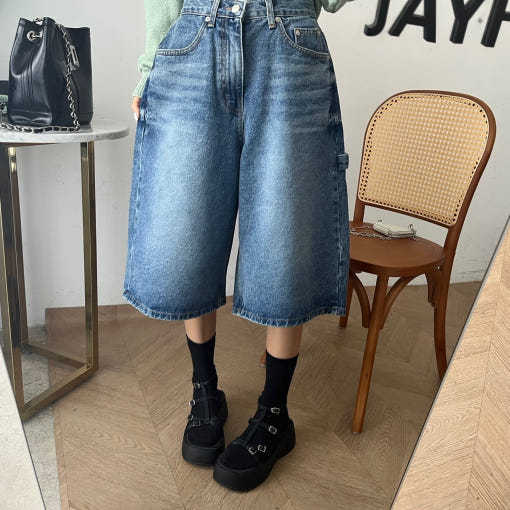Damen Jeans Bermuda-Shorts im lässigen Stil mit hohen Taschen Drune