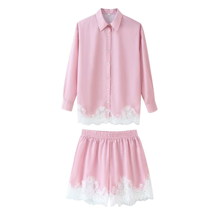 Damen nan zweiteiliges Satin-Pyjama-Set mit Hemdbluse, Gummibund-Shorts und Spitzenbesatz Drune
