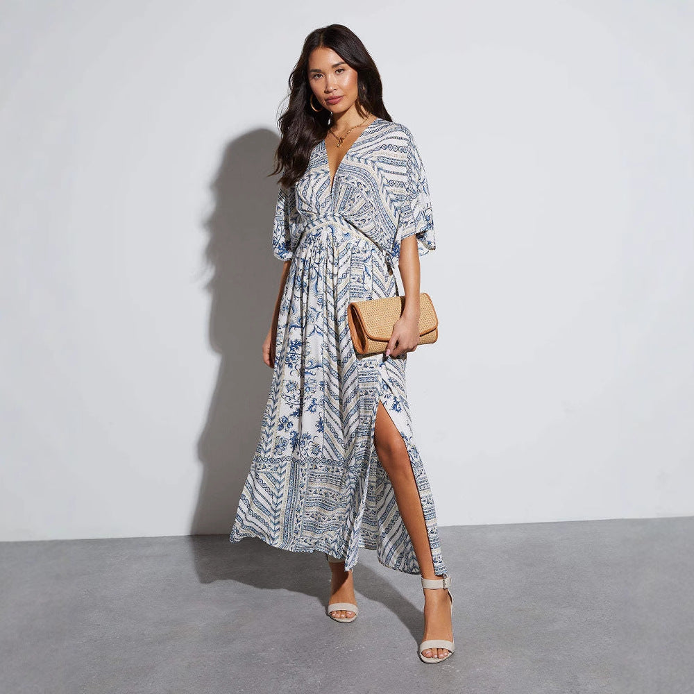 Damen Maxikleid mit aufregendem Wickeldesign und voluminösen Ärmeln Drune