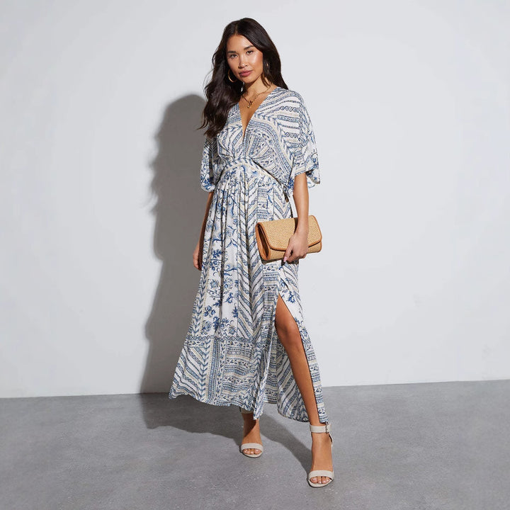Damen Maxikleid mit aufregendem Wickeldesign und voluminösen Ärmeln Drune