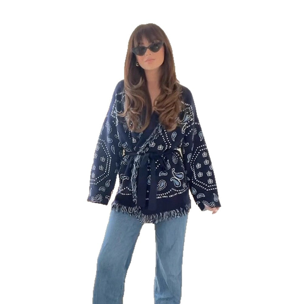 Damen Fransen Poncho mit Bandana-Muster Drune