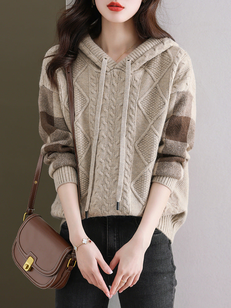 Damen Strickpullover mit Kapuze und modischem Karomuster Drune
