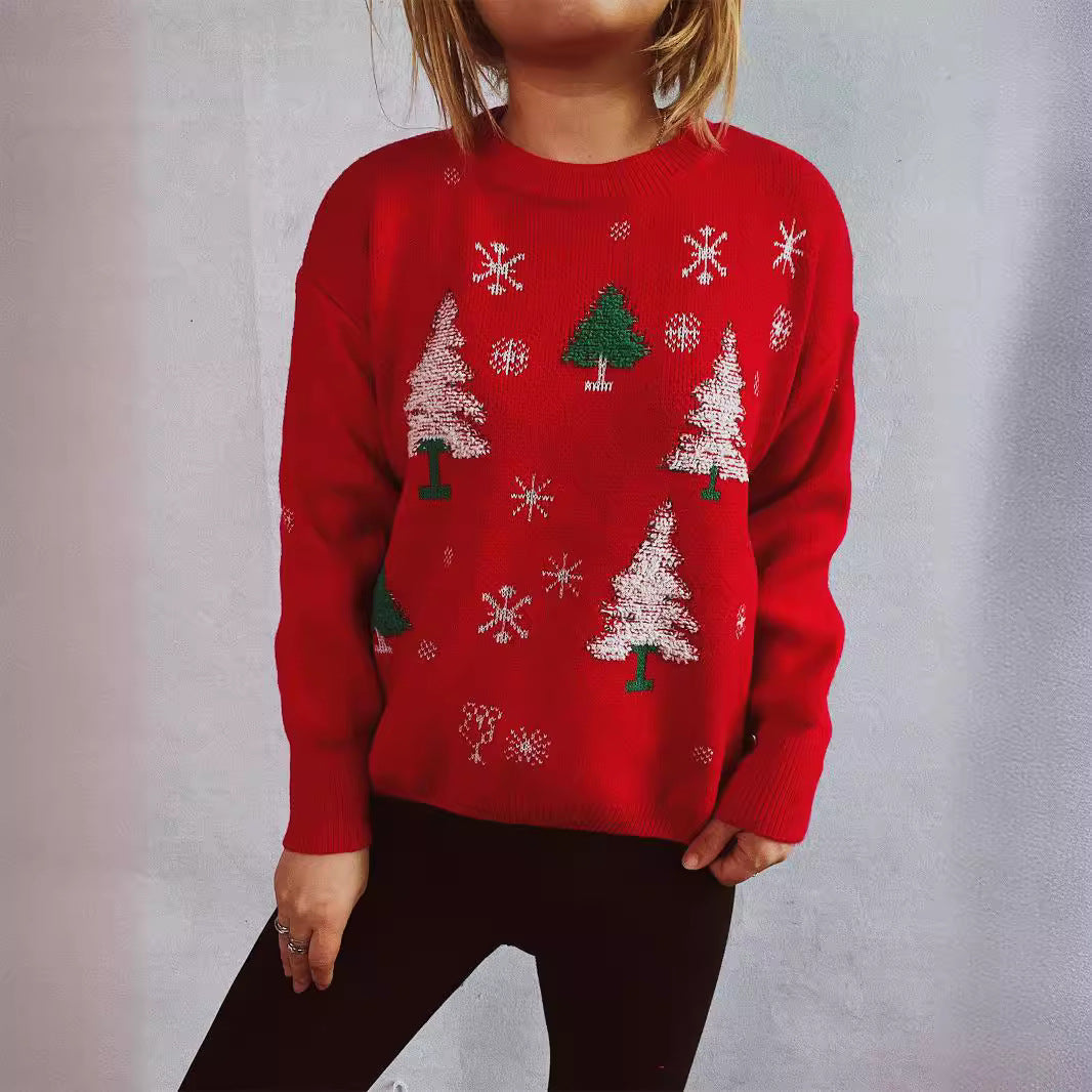 Damen weihnachtlicher Pullover mit festlichem Baumdesign und flauschigem Material Drune