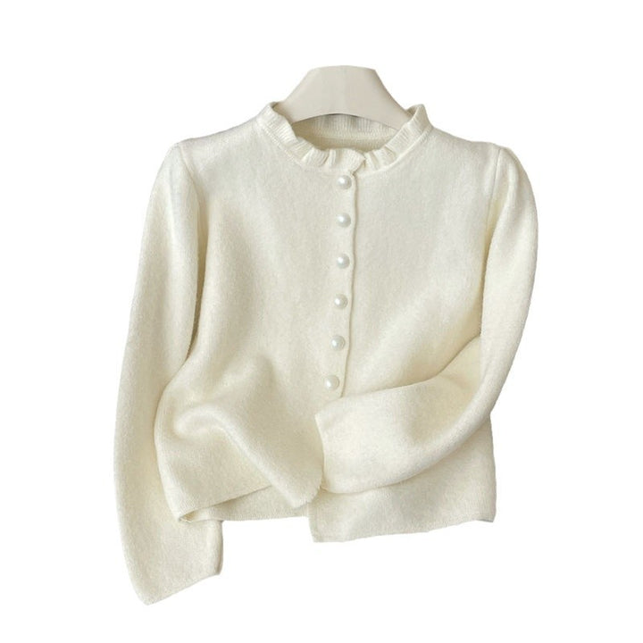 Damen elegante Strickjacke mit femininen Rüschen und Perlenknöpfen Drune
