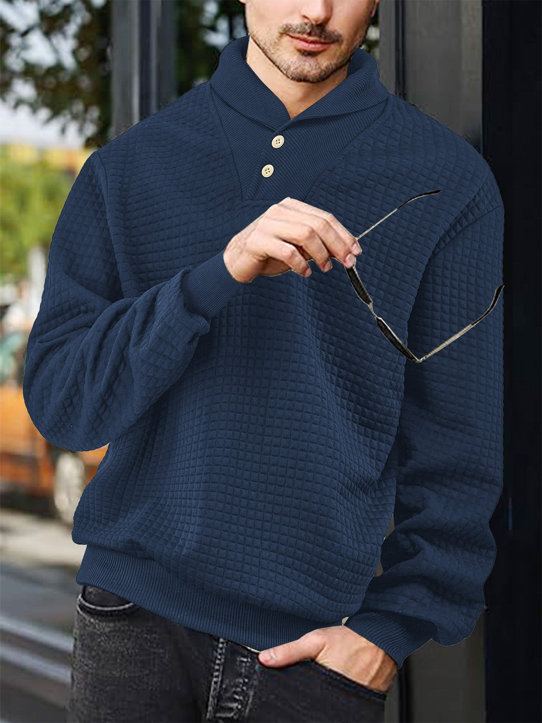 Herren nan eleganter Strickpullover mit Schalkragen, Knopfleiste am Ausschnitt und Karo-Waffelstruktur Drune