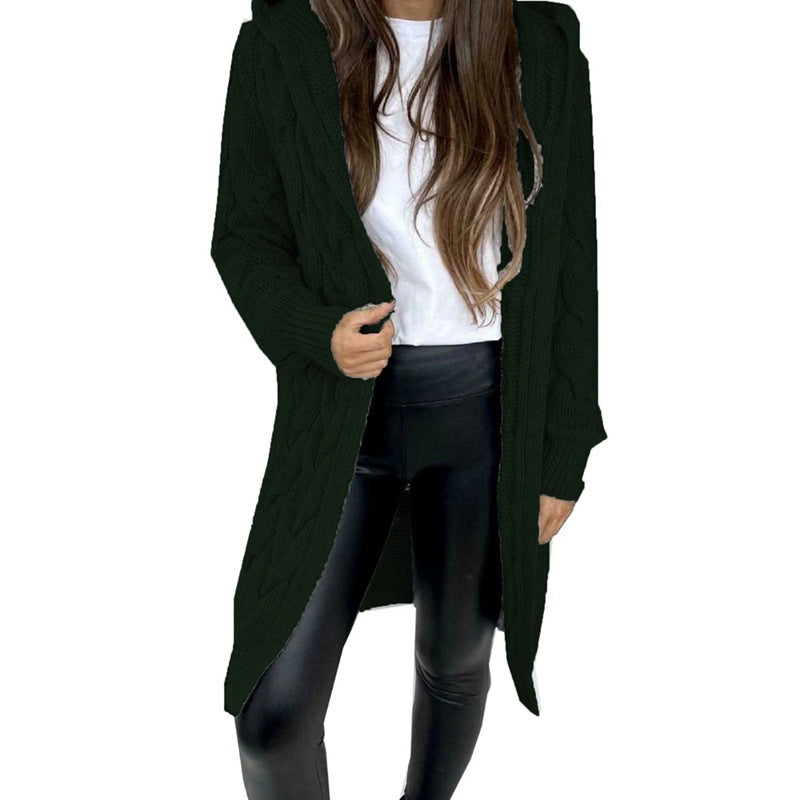 Damen lange Strickjacke mit Kapuze und Zopfdesign Drune