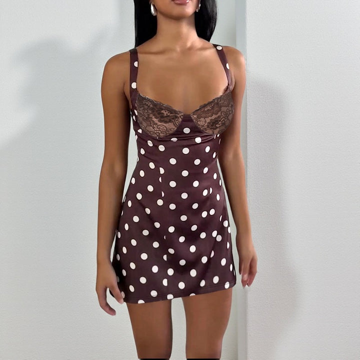 Damen figurbetontes Minikleid mit Spitzenoberteil und Punkten Drune