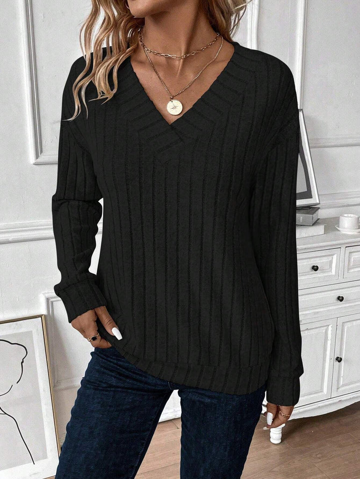 Damen lässiger Strickpullover mit V-Ausschnitt und Rippstruktur Drune