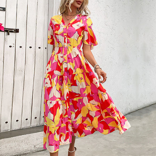 Damen Blümchen Maxikleid mit Knopfleiste und Rüschendetails Drune