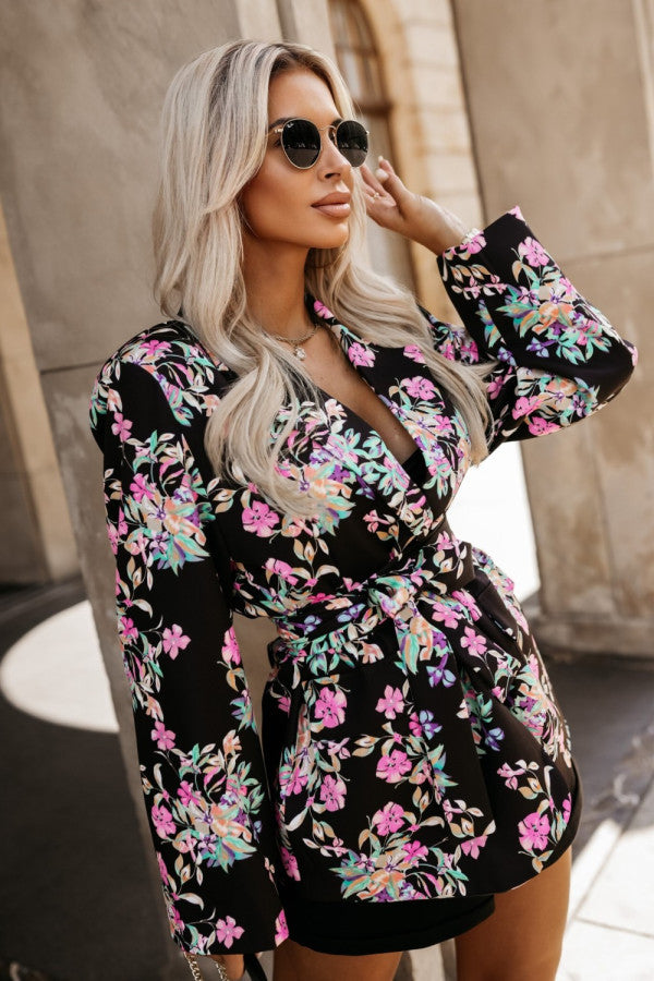 Damen Elegante Blazerjacke mit tierischem Muster und betontem Taillengürtel Drune
