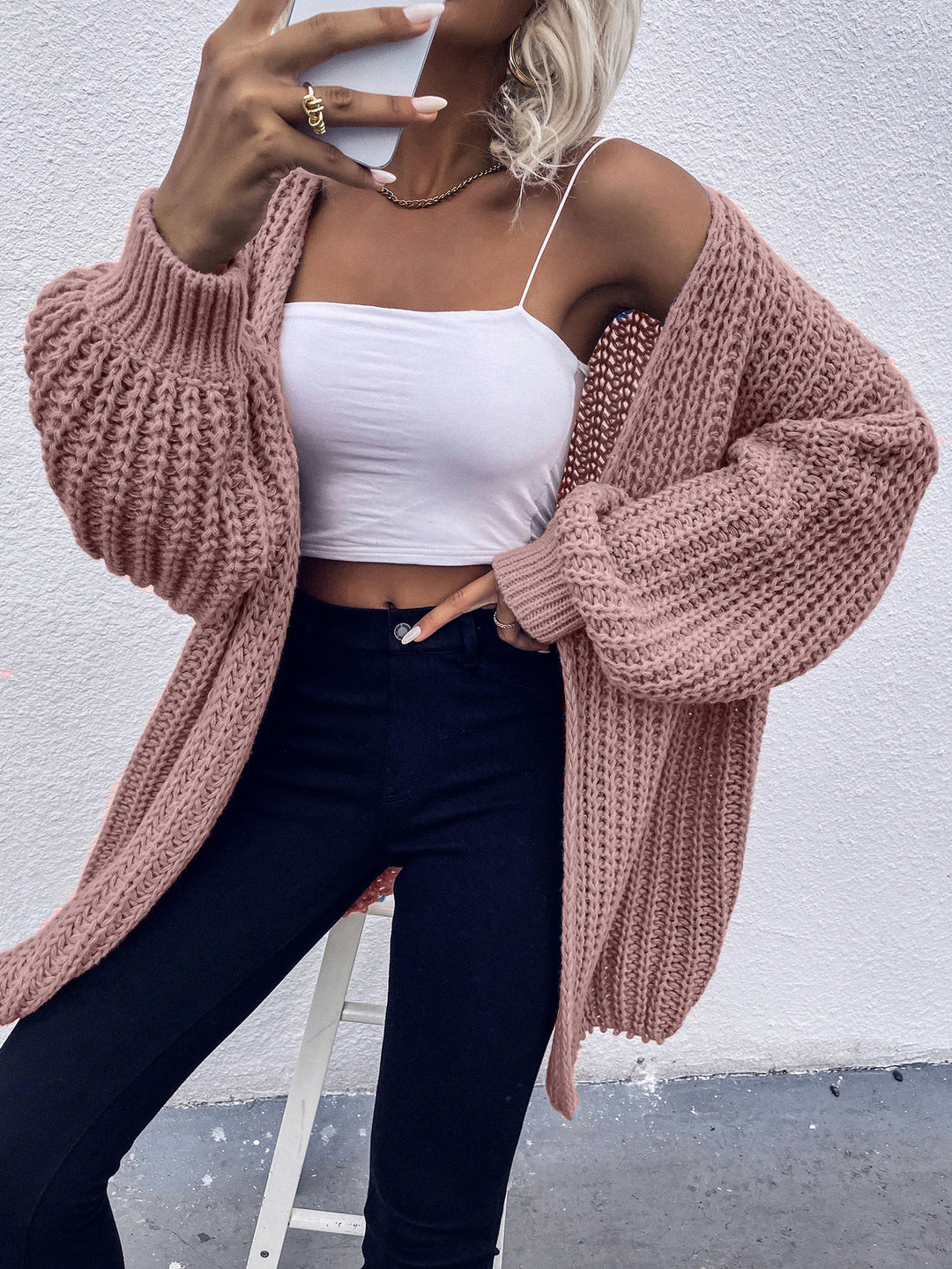 Damen Grobstrickjacke mit voluminösen Ärmeln und offener Front Drune