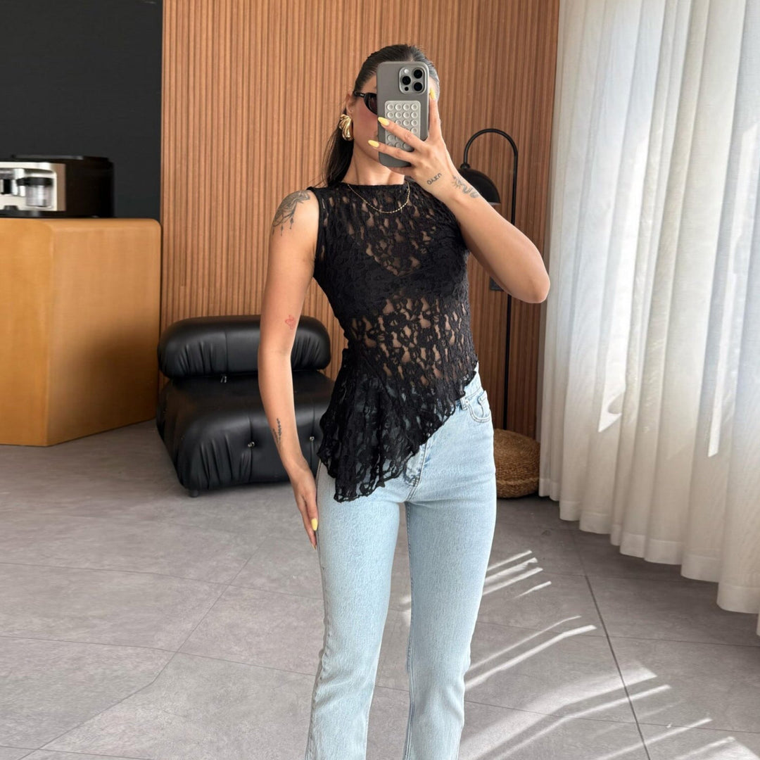 Damen Spitzenoberteil mit femininem Schnitt und floralen Details Drune