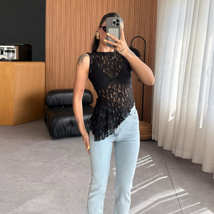 Damen Spitzenoberteil mit femininem Schnitt und floralen Details Drune