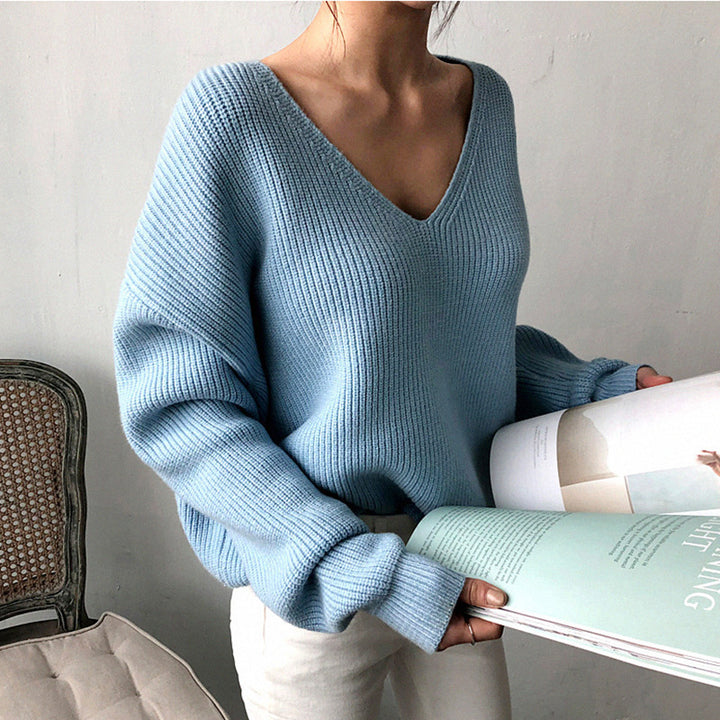 Damen kuscheliger V-Ausschnitt Pullover mit Rippstruktur Drune