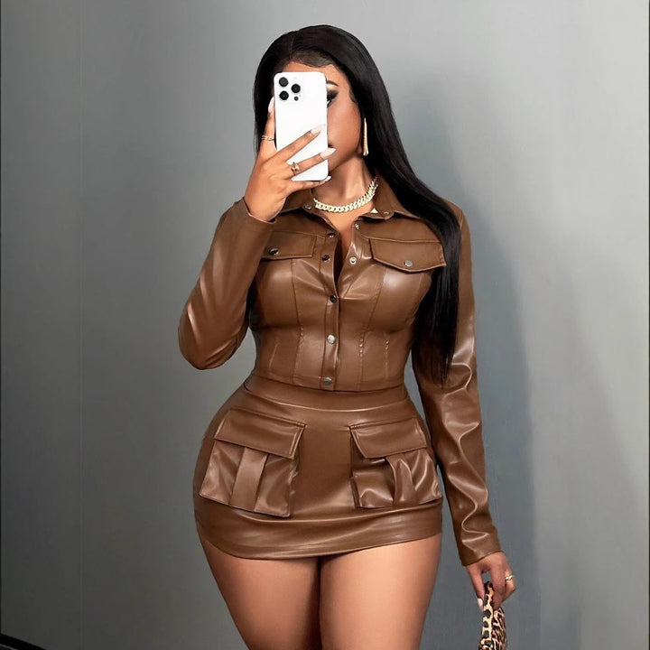 Damen Kunstleder Minikleid mit praktischen Klappentaschen Drune