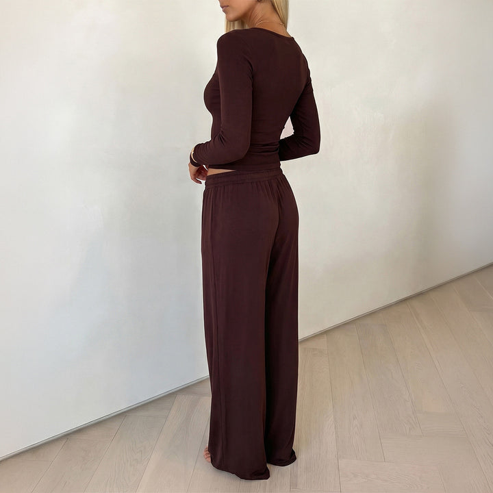 Damen nan elegantes Lounge-Set mit figurbetontem V-Ausschnitt Longsleeve und weiten Relax-Hosen Drune