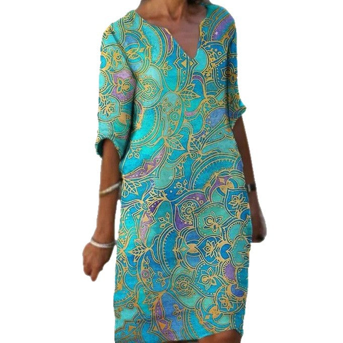 Damen Boho-Chic Strandkleid mit V-Ausschnitt und lässigem Schnitt Drune