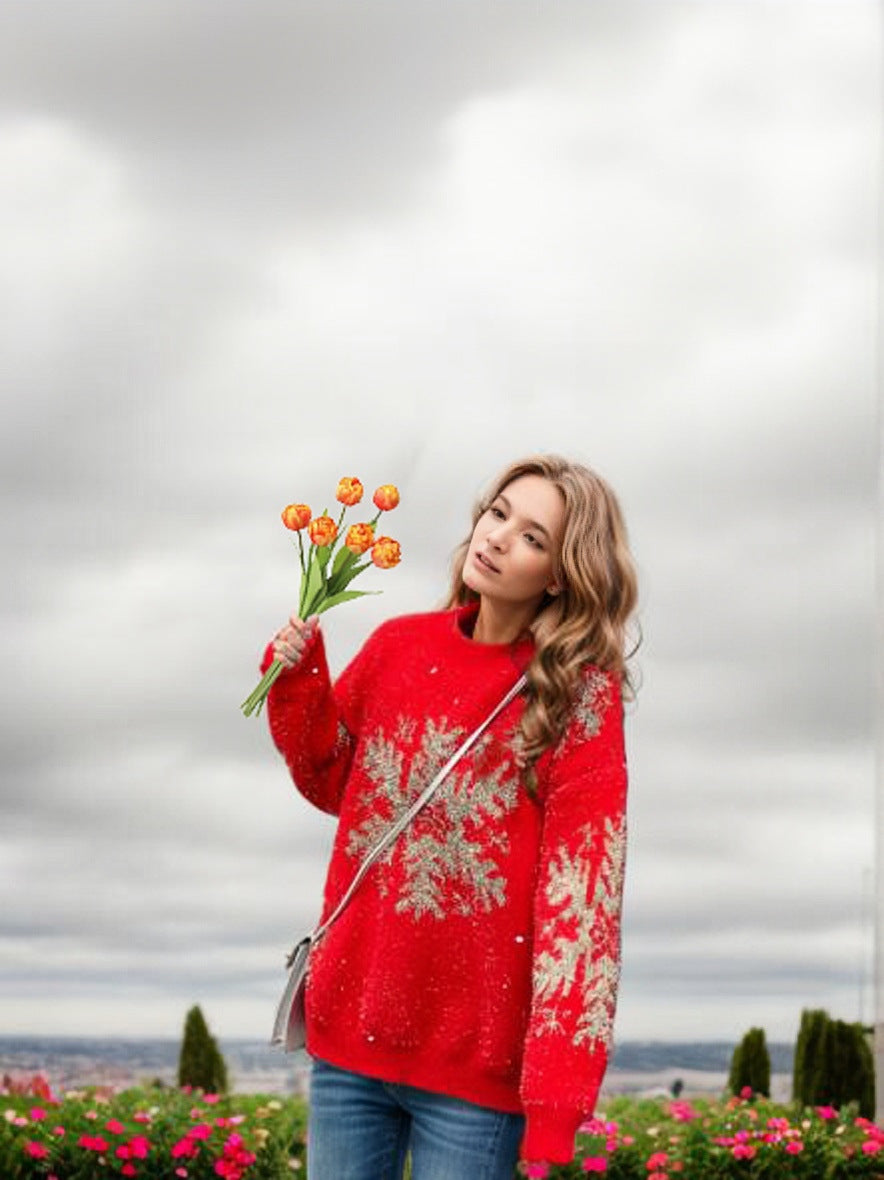 Damen Strickpullover mit festlichem Motiv und lässigem Schnitt Drune