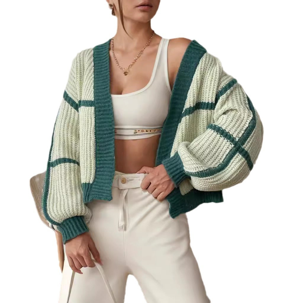 Damen lässiger Strickcardigan mit modernem Blockstreifenmuster Drune