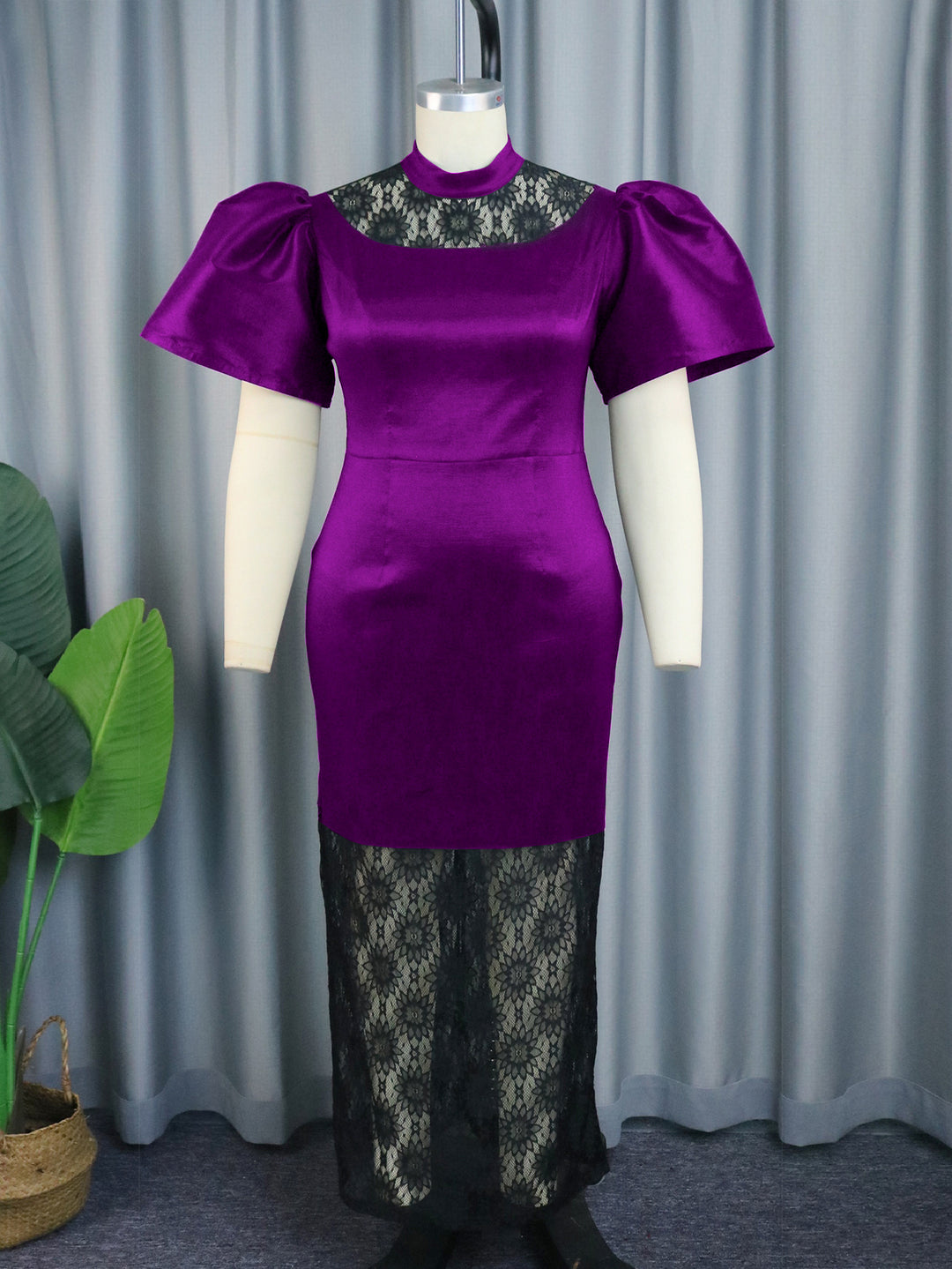 Damen Elegantes Maxikleid mit dekorativen Puffärmeln und romantischem Spitzenunterbau Drune