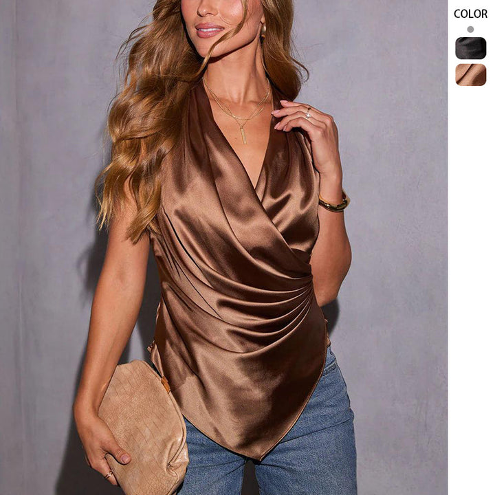 Damen Satin-Wickeltop mit elegantem V-Ausschnitt und gerafftem Design Drune