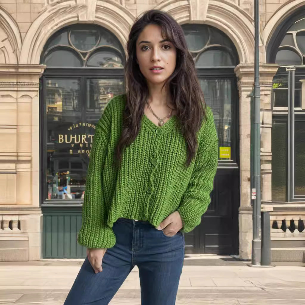 Damen cropped Strickjacke mit grober Maschenstruktur und großen Knöpfen Drune