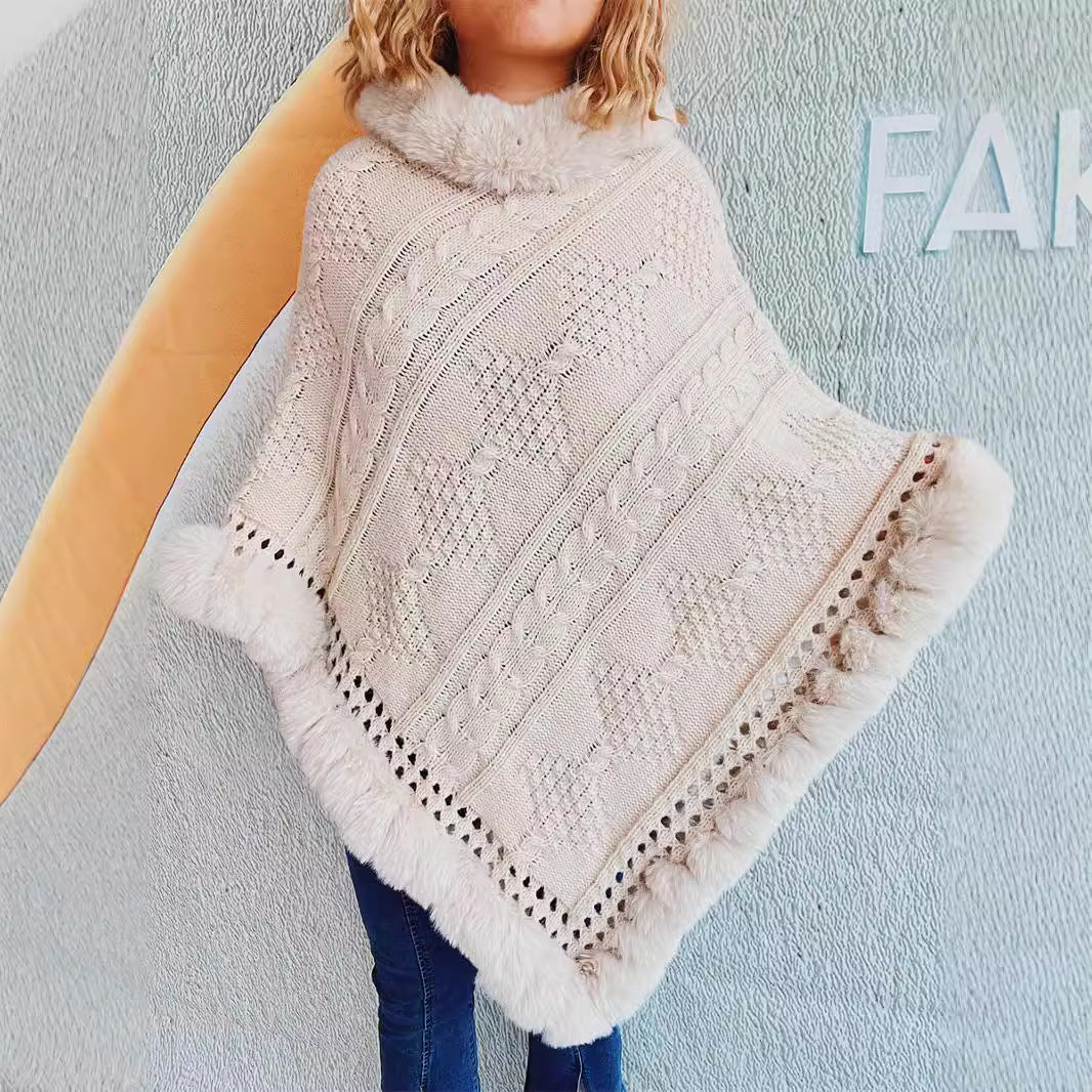 Damen Strickponcho mit dekorativem Kragen und gefüttertem Saum Drune