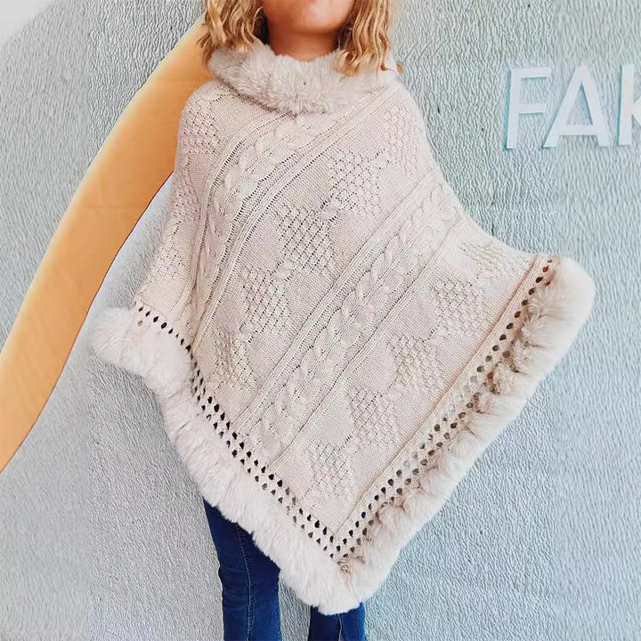 Damen Strickponcho mit dekorativem Kragen und gefüttertem Saum Drune