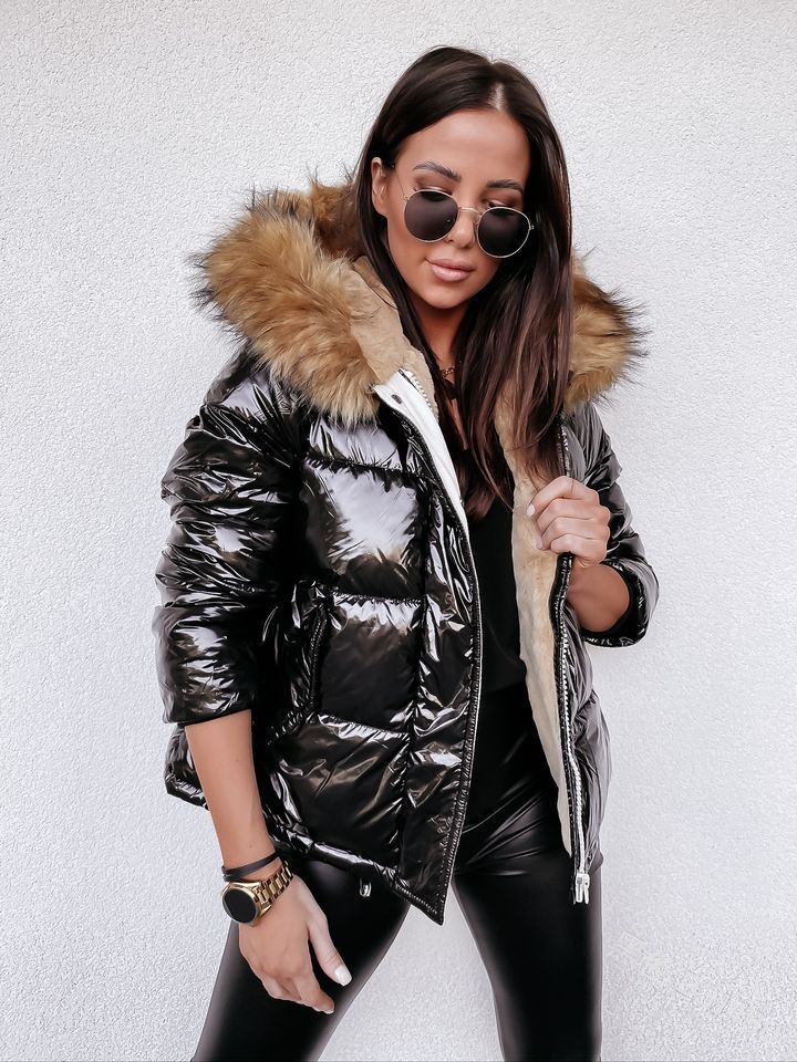 Damen Glänzende Winterjacke mit abnehmbarer Kapuze und Kunstfellkragen Drune