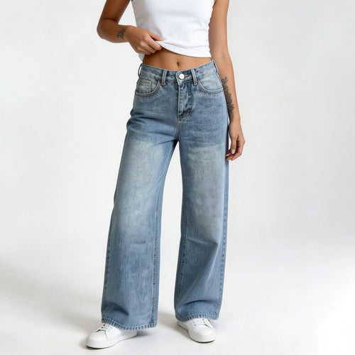 Damen nan hochgeschnittene Palazzo-Jeans mit extra weitem Bein und taillierendem Schnitt Drune