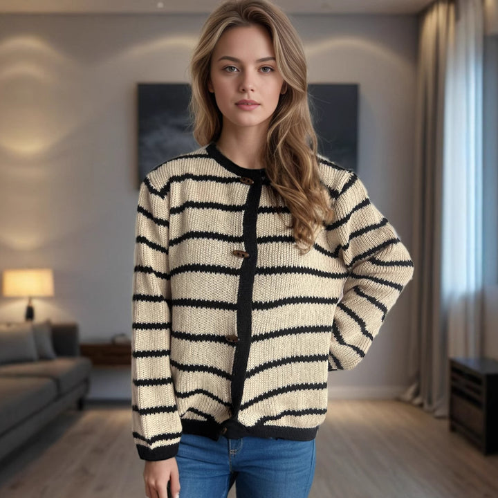 Damen gestreifte Strickjacke mit hochwertigen Holzknöpfen und rundem Ausschnitt Drune