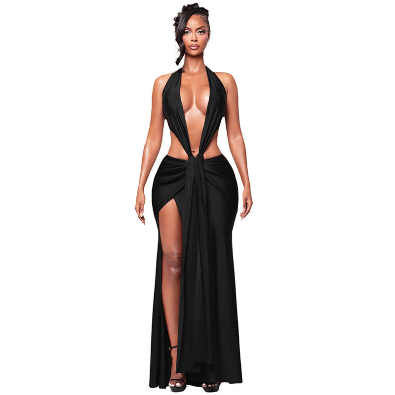 Damen Cut-Out Maxikleid mit tiefem V-Ausschnitt und drapiertem Design Drune