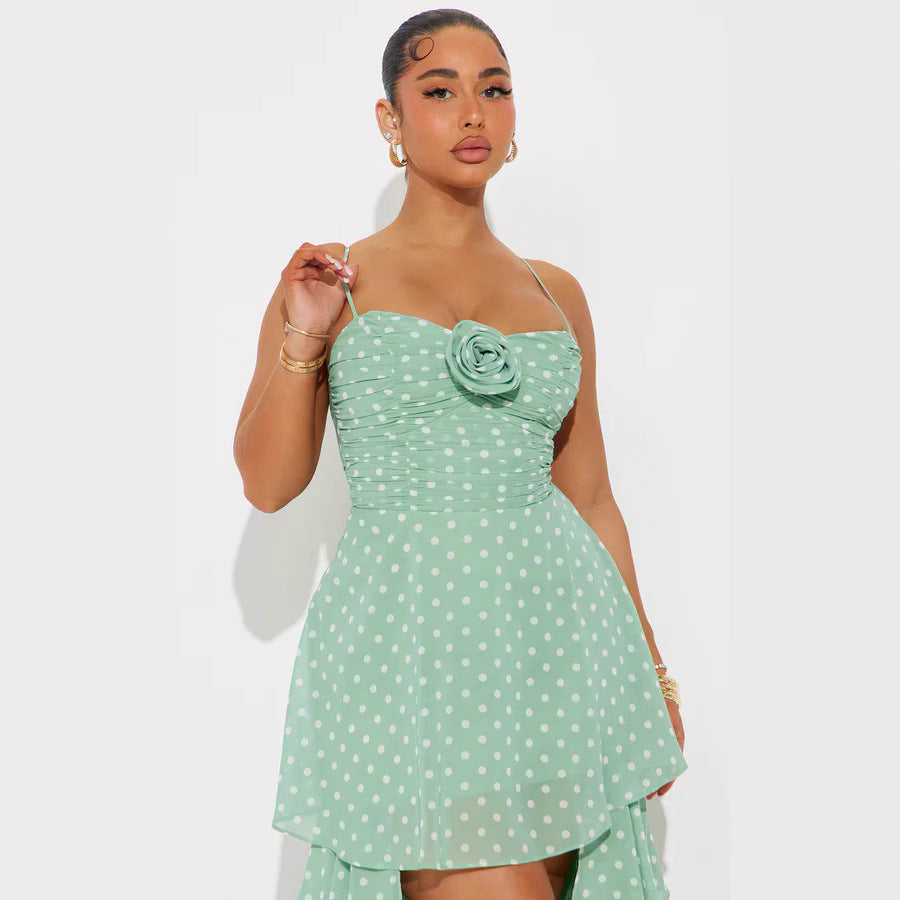 Damen Verspieltes Polka-Dots Maxikleid mit asymmetrischem Rock und floralen Akzenten Drune