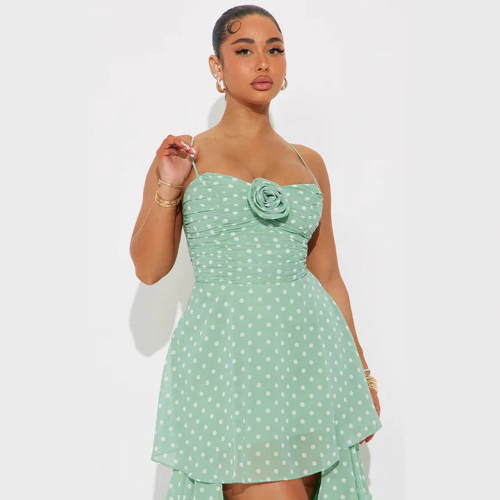 Damen Verspieltes Polka-Dots Maxikleid mit asymmetrischem Rock und floralen Akzenten Drune