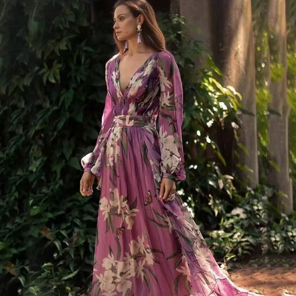 Drune | Damen Maxikleid Fließendes V-Ausschnitt