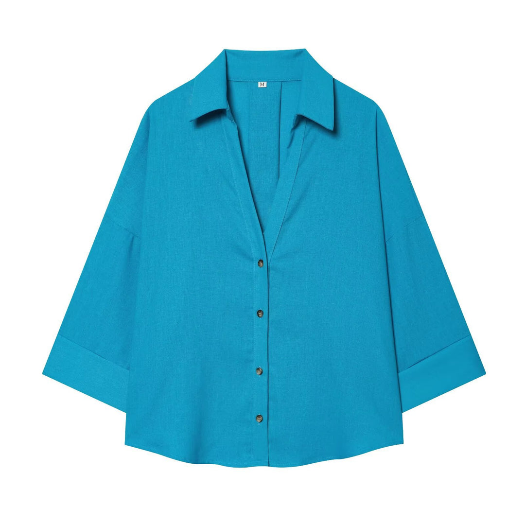 Damen nan lockere oversized Hemdbluse mit weitem Kragen und Dreiviertelärmeln Drune