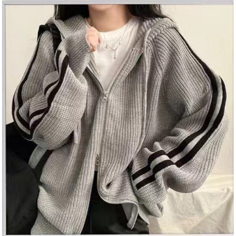 Damen lässiger Strickhoodie mit tiefem V-Ausschnitt und seitlichen Streifen Drune