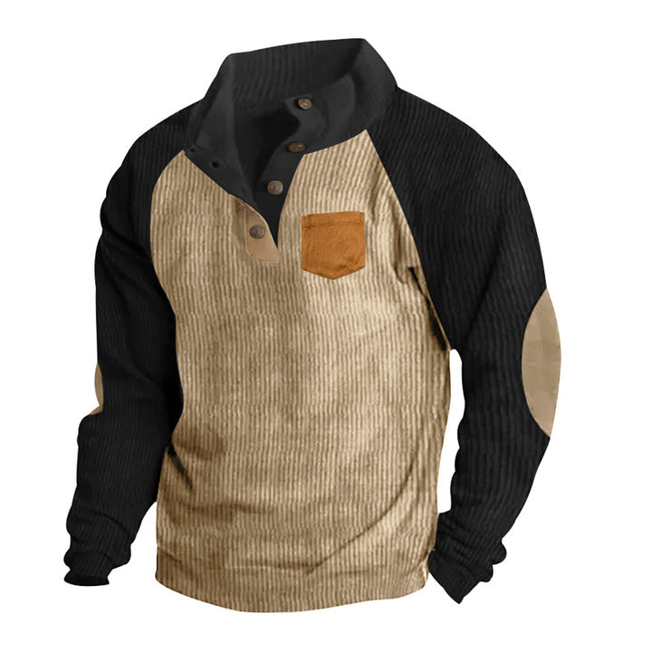 Herren nan strukturierter Halbknopf-Strickpullover im Cord-Look mit Raglanärmeln, aufgesetzter Brusttasche und Ellenbogenpatches Drune