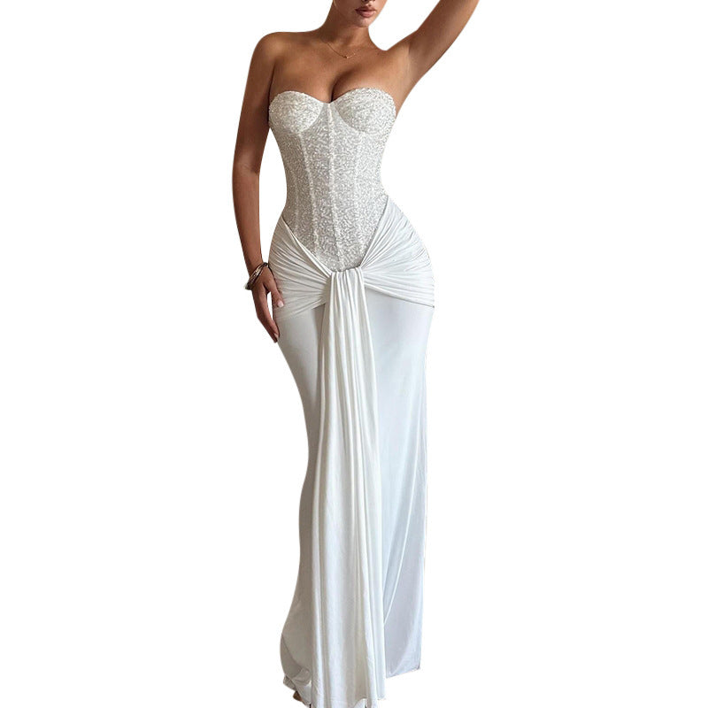 Damen schickes Maxikleid mit elegantem Bustier-Oberteil und gerafftem Rock Drune