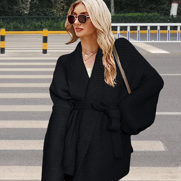 Damen Grobstrick-Wickeljacke mit breitem Schalkragen und bindbarem Gürtel Drune