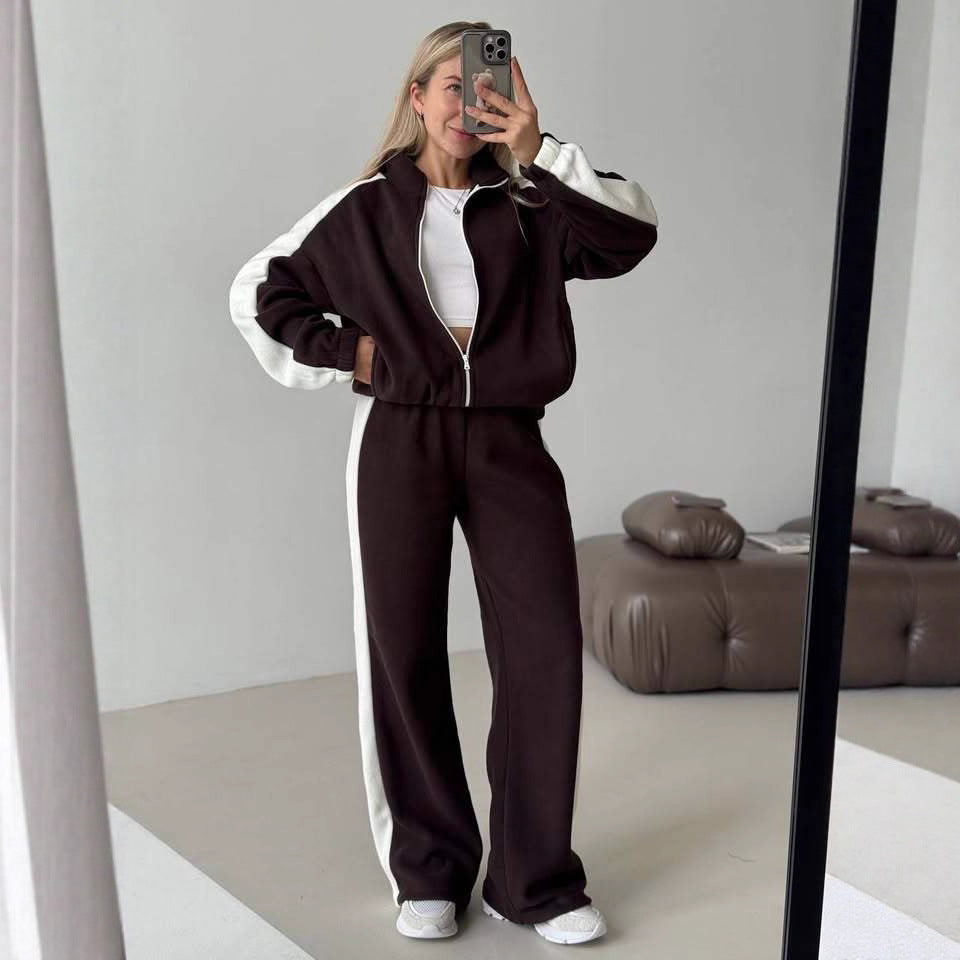 Damen sportlicher Fleece-Jogginganzug mit hohem Kragen und seitlichen Streifen Drune