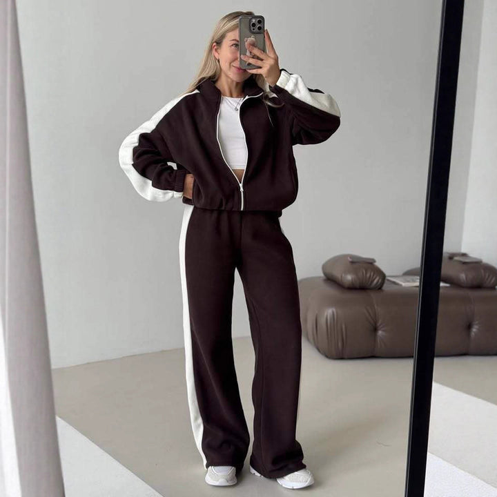Damen sportlicher Fleece-Jogginganzug mit hohem Kragen und seitlichen Streifen Drune