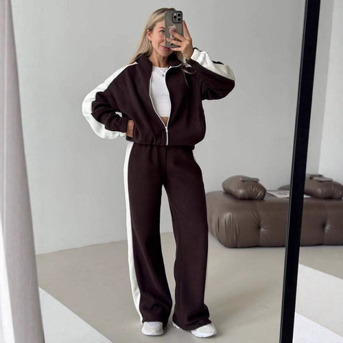 Damen sportlicher Fleece-Jogginganzug mit hohem Kragen und seitlichen Streifen Drune