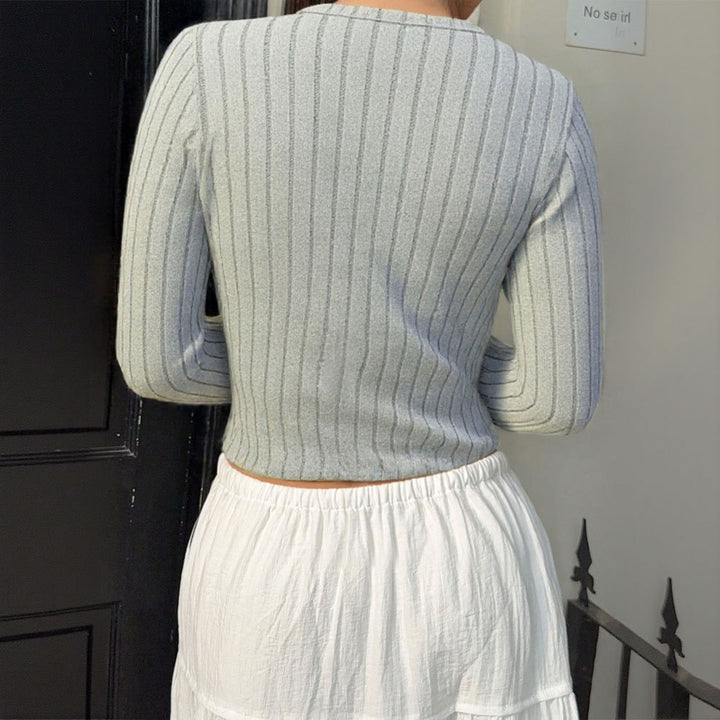 Damen Strickoberteil mit feinen Rippstrukturen und eleganter Knopfleiste Drune