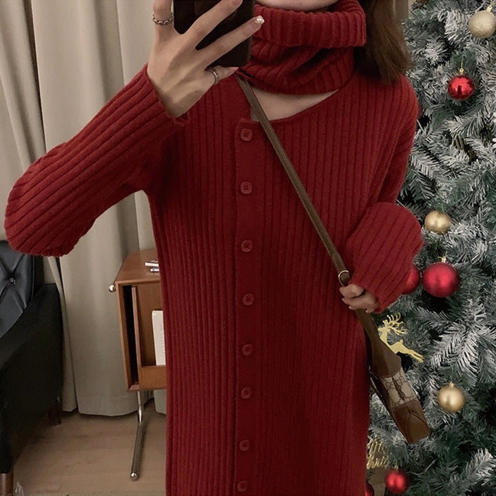 Damen Strickkleid mit hohem Kragen und Knopfverschluss Drune