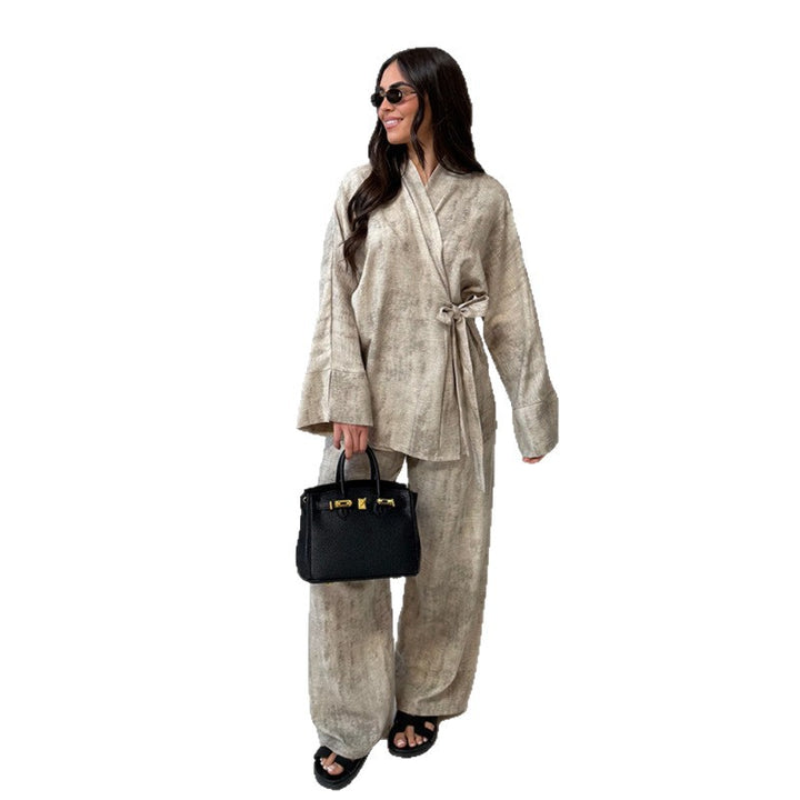 Damen elegantes und komfortables Zweiteiliges Set mit lässigem Kimono-Oberteil Drune