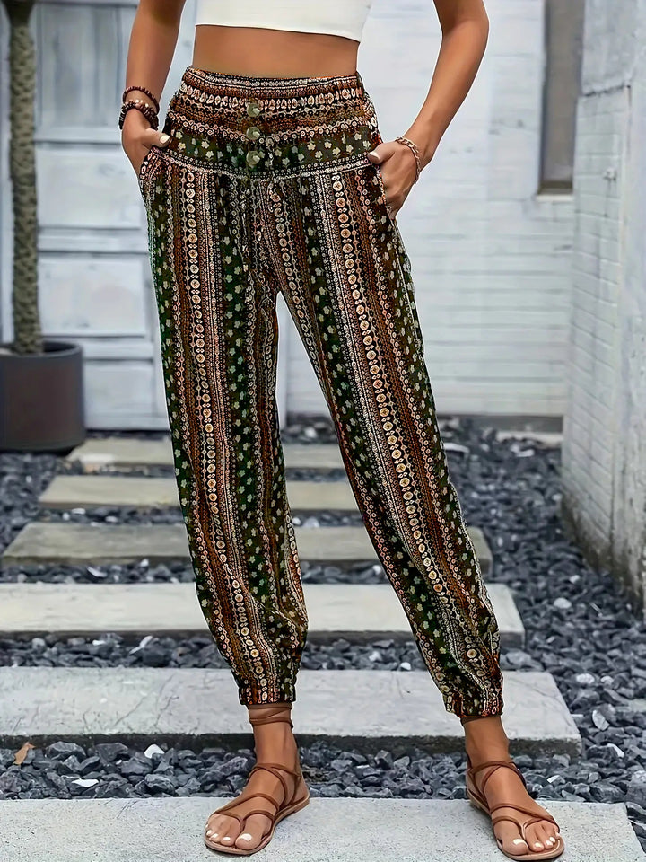 Damen Weite Freizeithose mit elastischem Bund und knopfverzierter Taille Drune