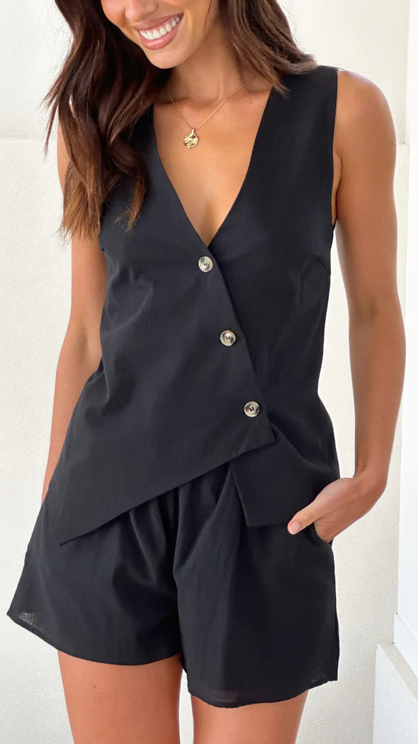 Damen lässiges Sommer-Outfit mit V-Ausschnitt und asymmetrischem Schnitt Drune
