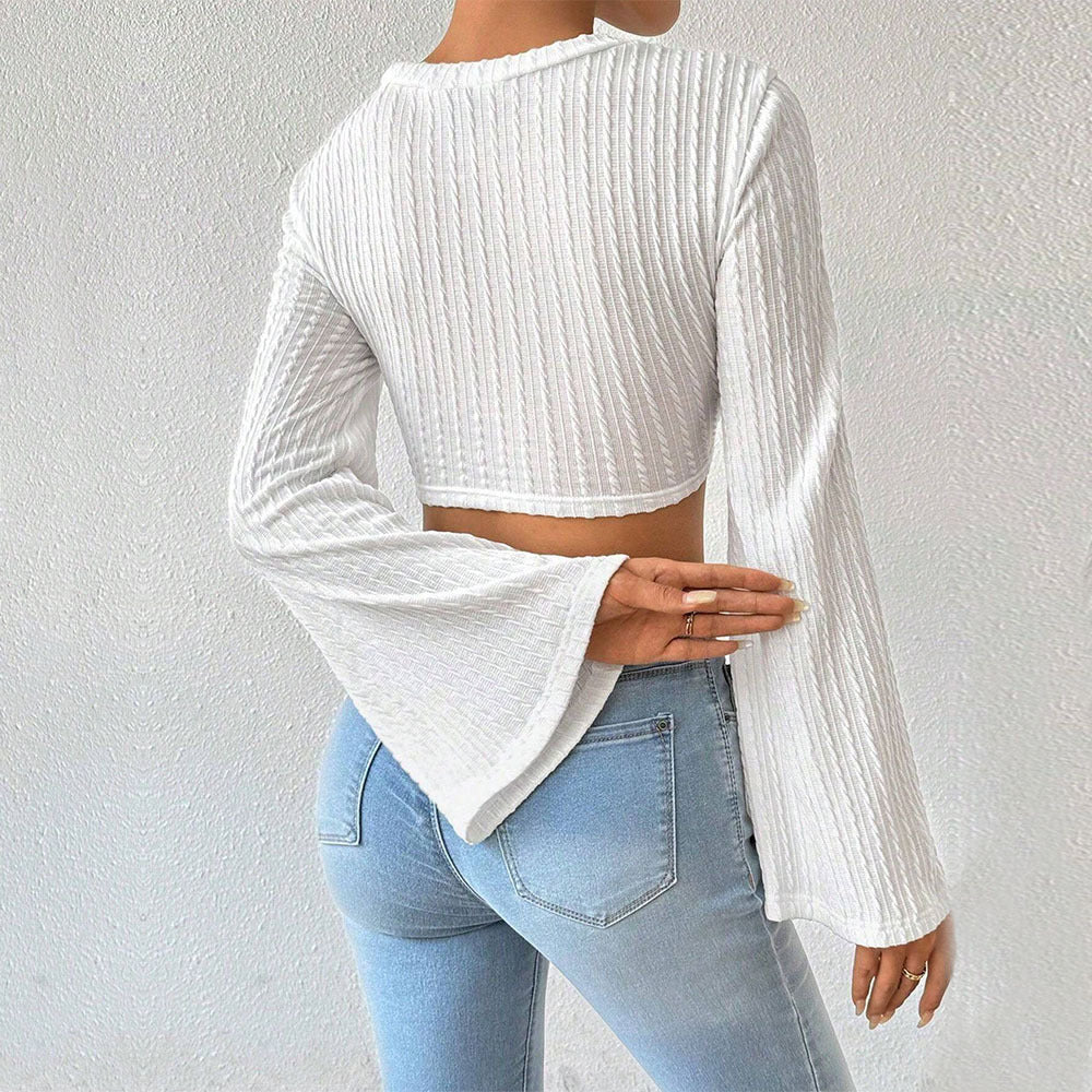 Damen elegantes Crop-Oberteil mit schickem Trompetenärmel und Spitze Drune